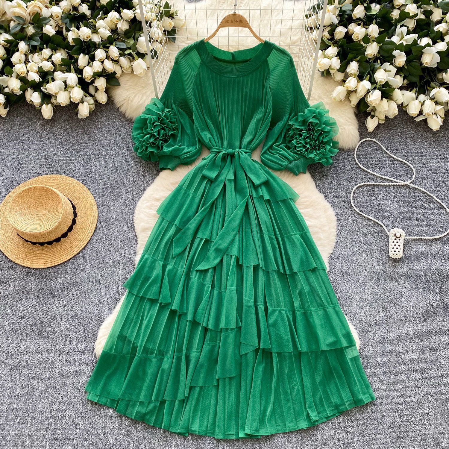 Miyake European and American retro palace style design with bubble sleeves, hand waving flower round neck, large size pleated, foreign trade cross-border women's clothing Miyake European and American retro palace style design with bubble sleeves, hand waving flower round neck, large size pleated, foreign trade cross-border women's clothing