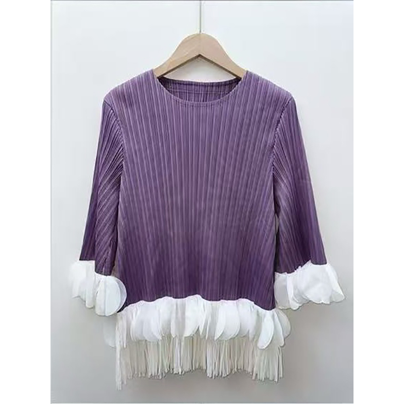 Folded color blocked ruffle edge three-dimensional decoration tassel design sense top autumn coat T-shirt cross-border European and American slim fit Folded color blocked ruffle edge three-dimensional decoration tassel design sense top autumn coat T-shirt cross-border European and American slim fit