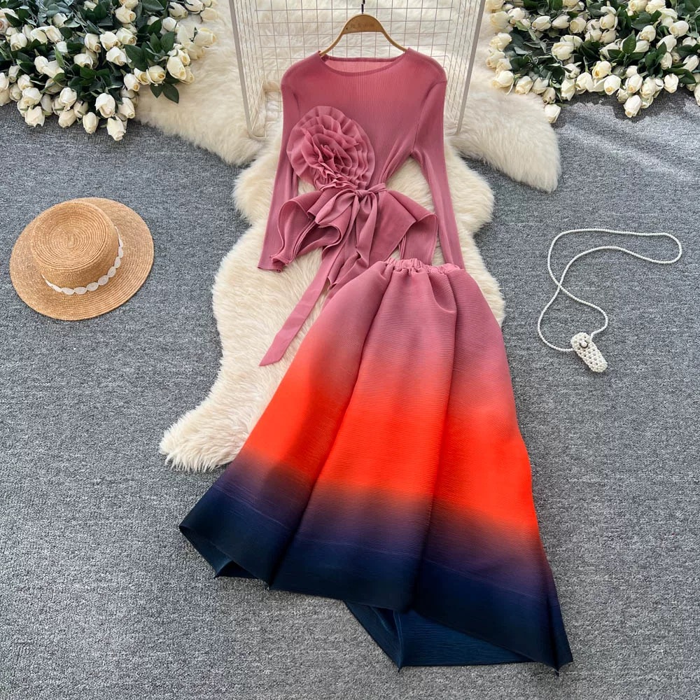 European, American, and African foreign trade long sleeved three-dimensional flower decoration design sense lace up top gradient color large swing half skirt set European, American, and African foreign trade long sleeved three-dimensional flower decoration design sense lace up top gradient color large swing half skirt set