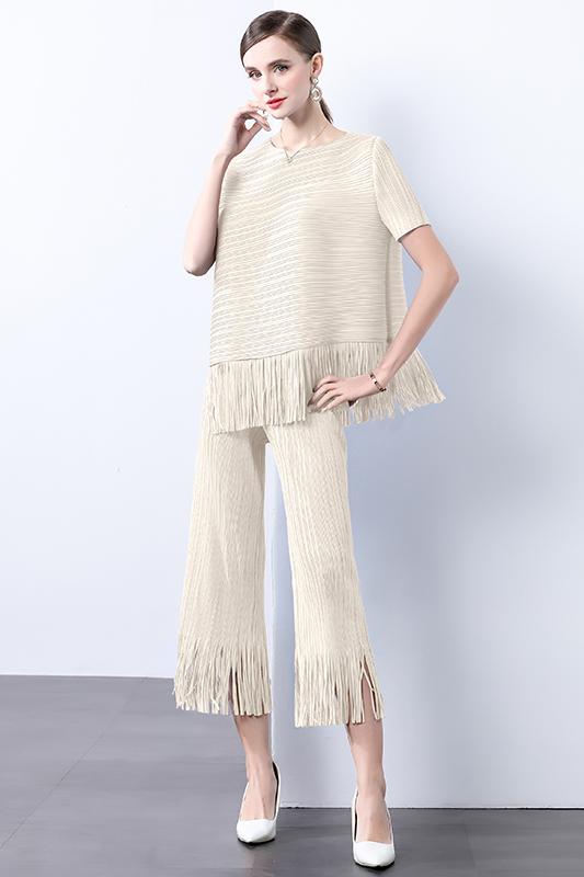 Miyake European and American style pleated fringe design, loose and irregular top, slimming and wide leg pants two-piece set for women Miyake European and American style pleated fringe design, loose and irregular top, slimming and wide leg pants two-piece set for women