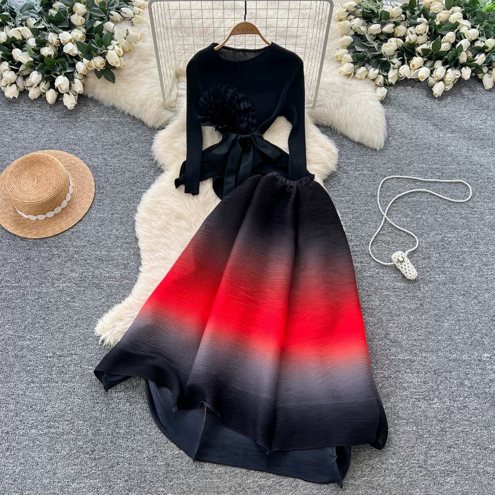 European, American, and African foreign trade long sleeved three-dimensional flower decoration design sense lace up top gradient color large swing half skirt set European, American, and African foreign trade long sleeved three-dimensional flower decoration design sense lace up top gradient color large swing half skirt set