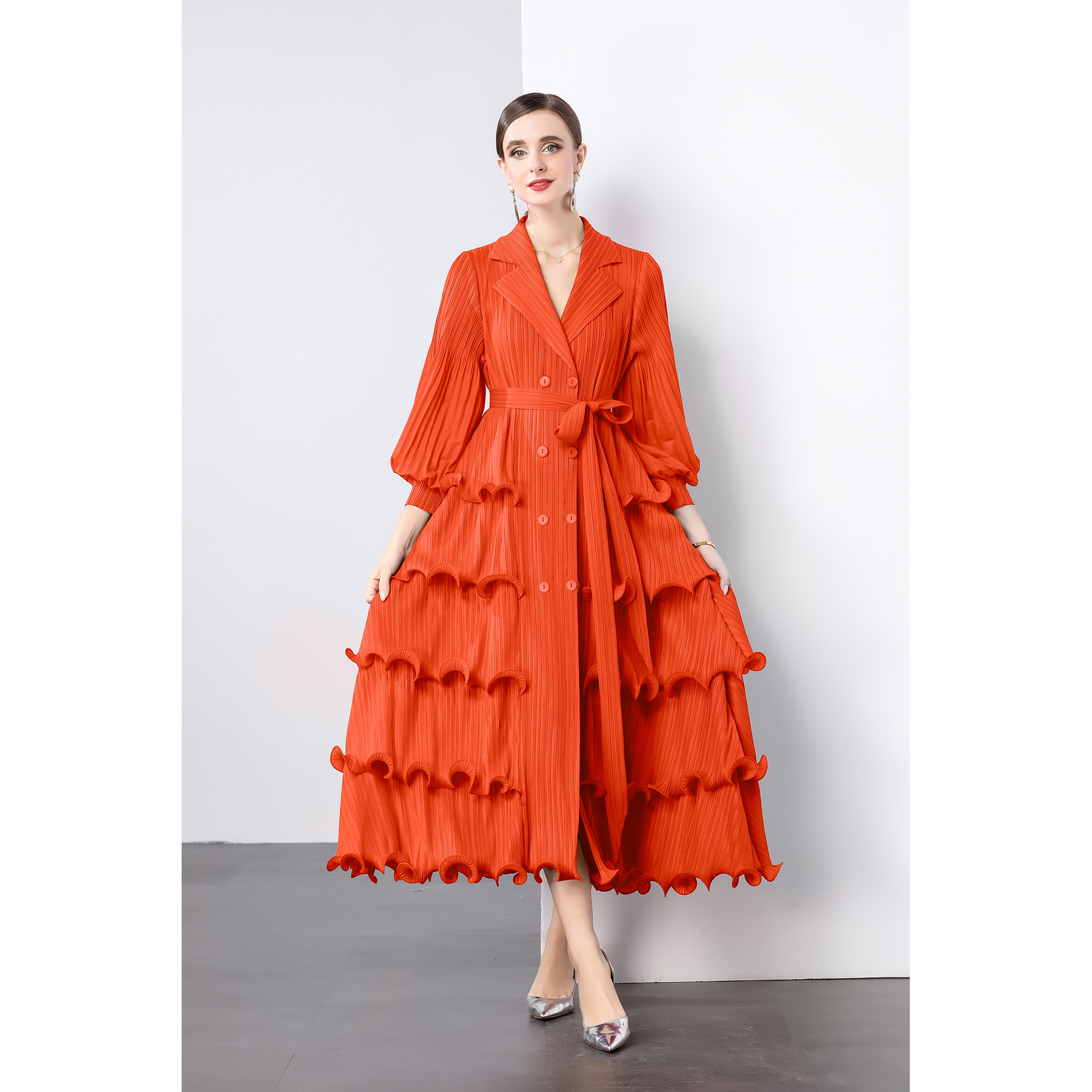 Miyake suit collar cardigan dress, black fungus edge pleated cake skirt, heavy-duty lantern sleeves, plus size mm, cross-border women's outfit Miyake suit collar cardigan dress, black fungus edge pleated cake skirt, heavy-duty lantern sleeves, plus size mm, cross-border women's outfit