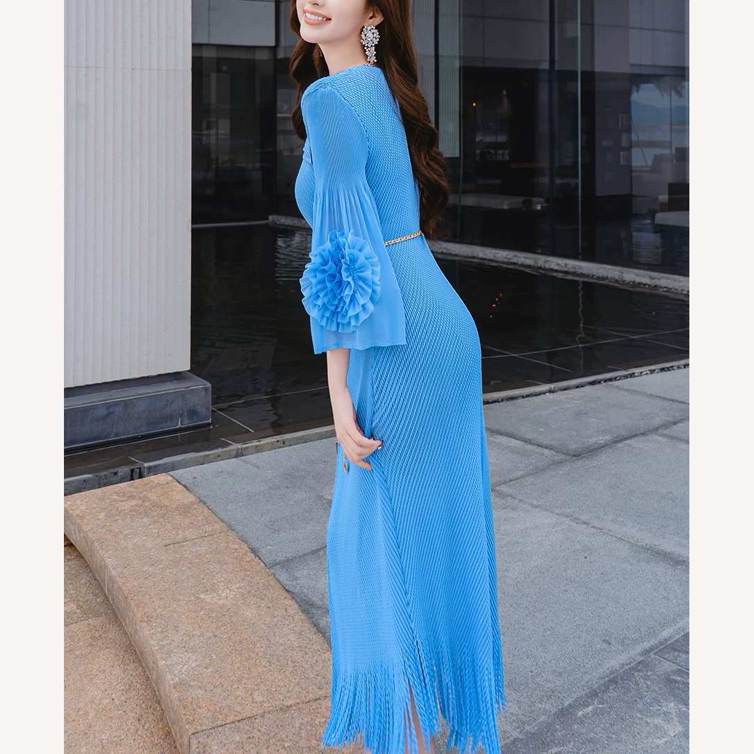 Miyake 2025 new pleated fish scale pleated dress with floral sleeves, tassel oversized women's clothing, elegant foreign trade, cross-border Miyake 2025 new pleated fish scale pleated dress with floral sleeves, tassel oversized women's clothing, elegant foreign trade, cross-border