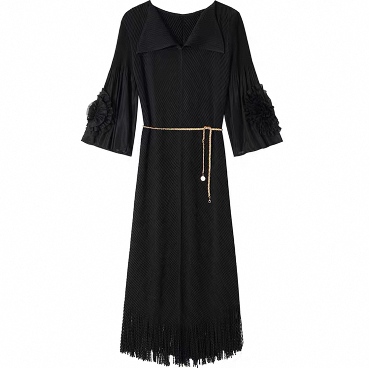 Miyake 2025 new pleated fish scale pleated dress with floral sleeves, tassel oversized women's clothing, elegant foreign trade, cross-border Miyake 2025 new pleated fish scale pleated dress with floral sleeves, tassel oversized women's clothing, elegant foreign trade, cross-border