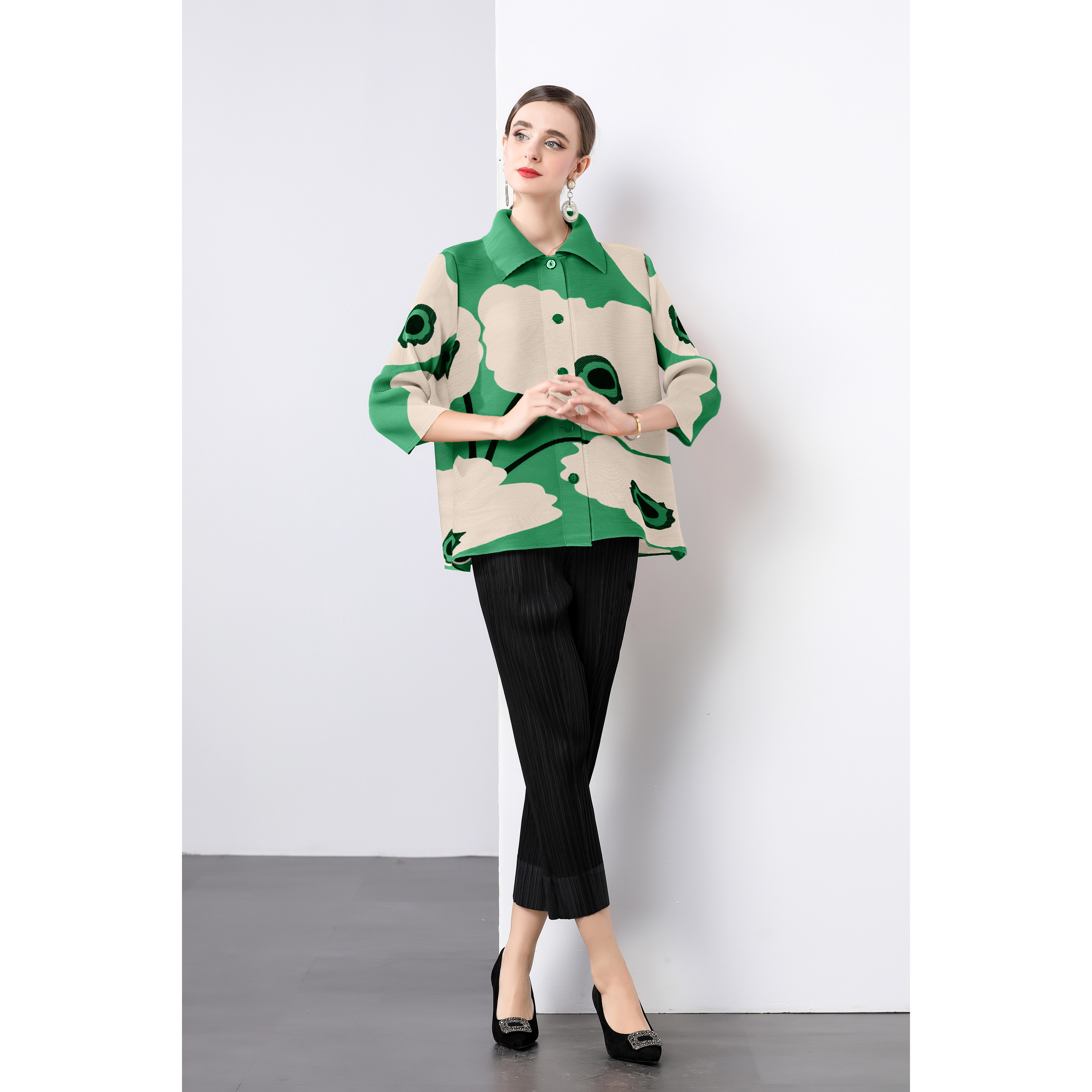 Miyake oversized loose collared pleated cardigan single breasted versatile top straight leg pleated pants Korean women's suit