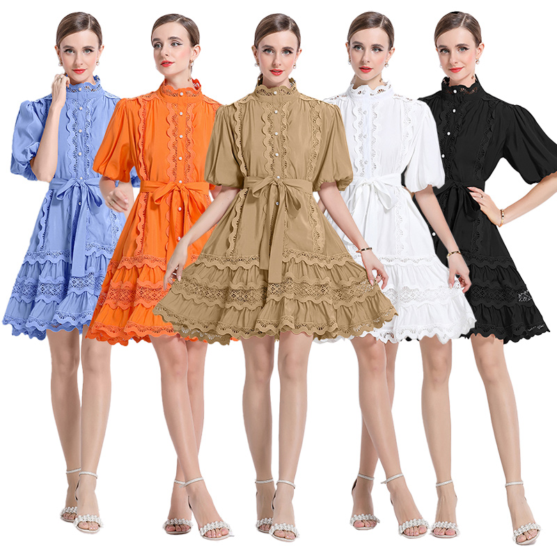 Real shot - Retro niche heavy-duty patchwork lace lace lace bubble sleeve plus size dress