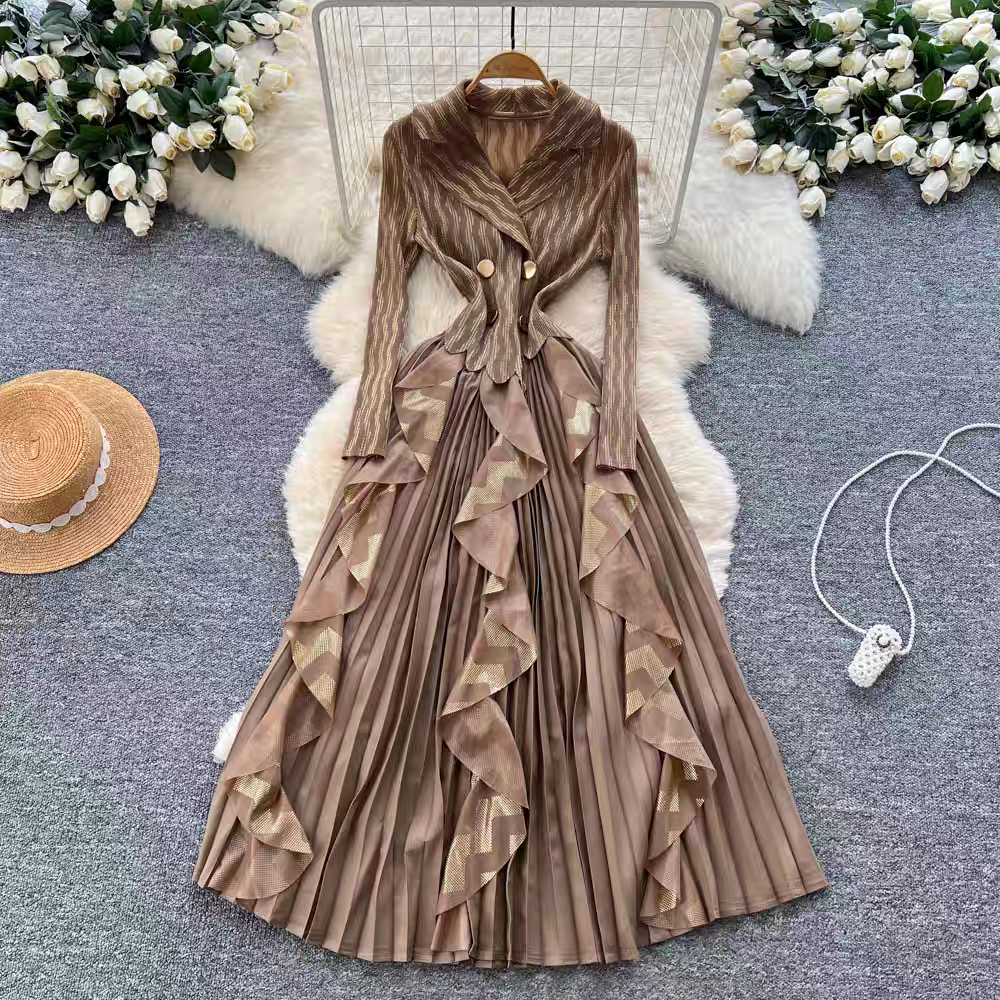 European and American cross-border three bedroom patchwork lotus leaf edge hot stamping pleated dress suit collar double breasted waist cinched long sleeved dress European and American cross-border three bedroom patchwork lotus leaf edge hot stamping pleated dress suit collar double breasted waist cinched long sleeved dress