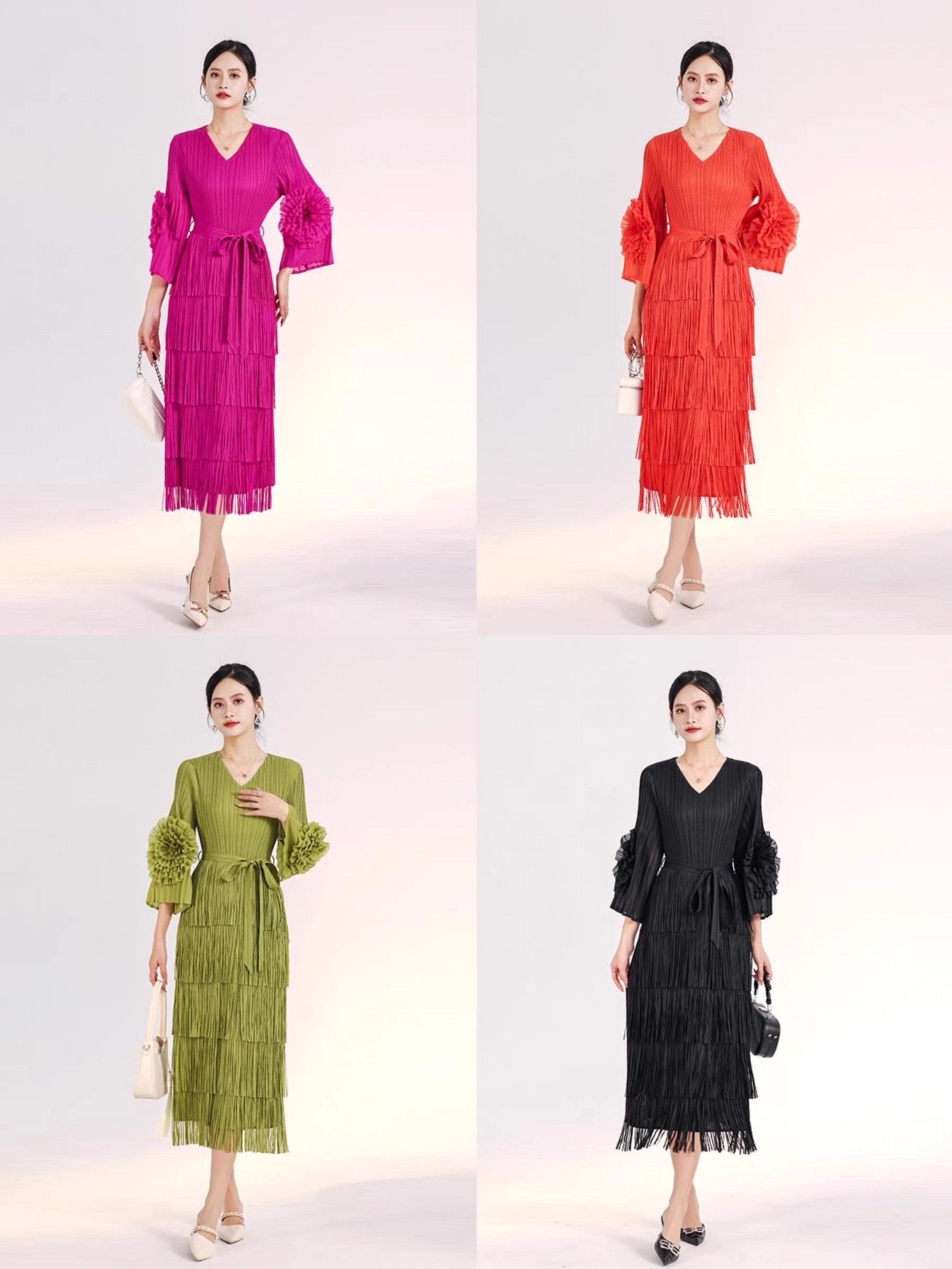 Miyake V-neck tassel plate flower sleeve belt cross-border foreign trade new pleated dress elegant slimming design for women