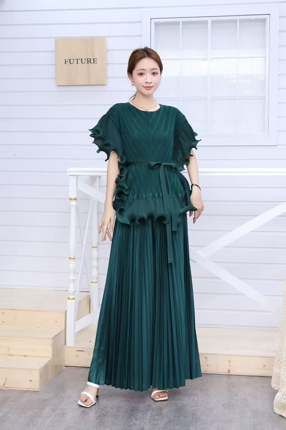 Sanzhai's new cross-border European and American fungus edge cinched waist mesh loose pleated top, wide leg pants, pleated pants women's set Sanzhai's new cross-border European and American fungus edge cinched waist mesh loose pleated top, wide leg pants, pleated pants women's set