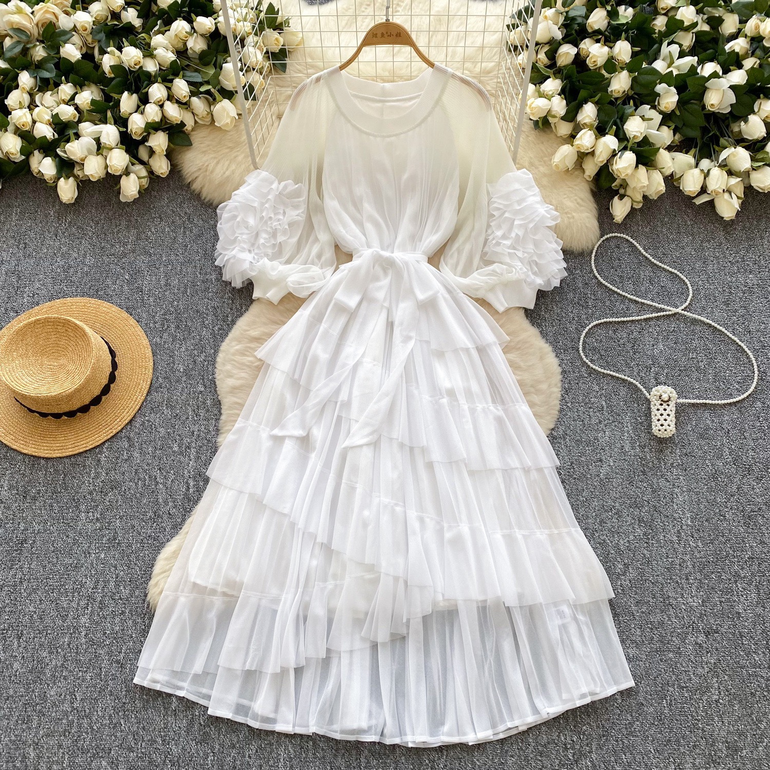 Miyake European and American retro palace style design with bubble sleeves, hand waving flower round neck, large size pleated, foreign trade cross-border women's clothing Miyake European and American retro palace style design with bubble sleeves, hand waving flower round neck, large size pleated, foreign trade cross-border women's clothing