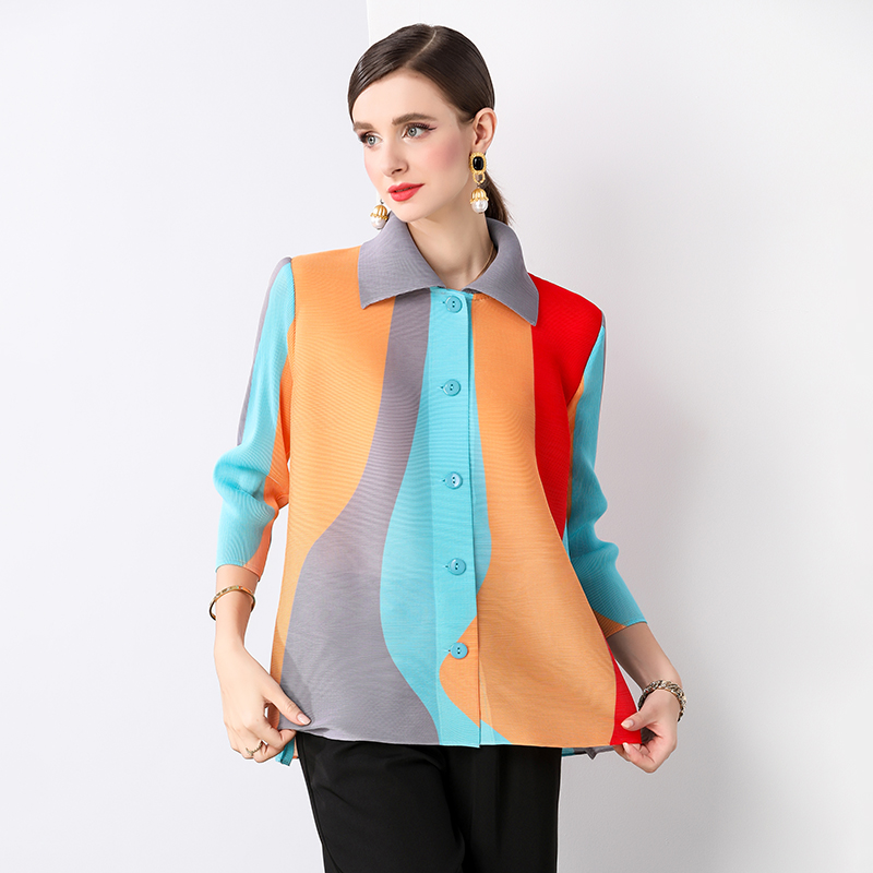 Miyake Spring and Autumn Korean version loose and versatile lapel single breasted long sleeved shirt with design sense, printed niche pleated top Miyake Spring and Autumn Korean version loose and versatile lapel single breasted long sleeved shirt with design sense, printed niche pleated top