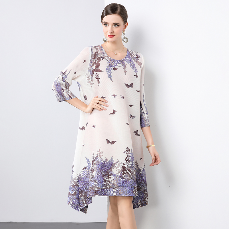 Miyake Eternal Tranquility Wisteria Flower Language MM Foreign Trade Seven Sleeve Round Neck Loose A-line Skirt Folded Dress Miyake Eternal Tranquility Wisteria Flower Language MM Foreign Trade Seven Sleeve Round Neck Loose A-line Skirt Folded Dress