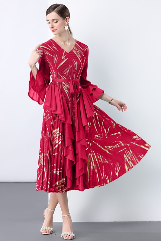 Miyake 2025 women's hot stamping lotus leaf edge heavy design sense pleated skirt pleated tie summer waist cinching cross-border long skirt Miyake 2025 women's hot stamping lotus leaf edge heavy design sense pleated skirt pleated tie summer waist cinching cross-border long skirt