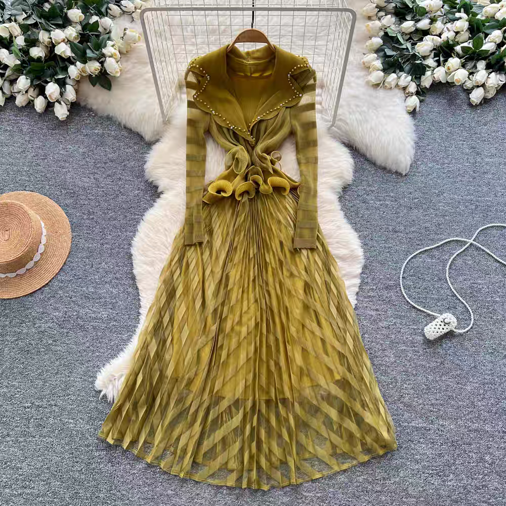 European and American cross-border high-end three bedroom nail bead mesh splicing suit collar pleated long sleeved waist cinched black fungus edge women's dress European and American cross-border high-end three bedroom nail bead mesh splicing suit collar pleated long sleeved waist cinched black fungus edge women's dress