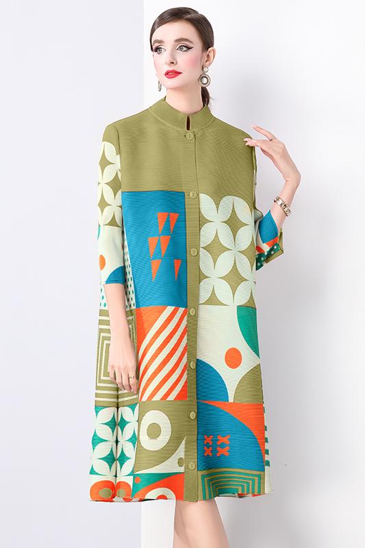 Sanzhai Spring and Autumn Mid length Loose Printed Slimming and Age Reducing Large Size MM Stand up Collar Folded Nine Inch Sleeve Dress Sanzhai Spring and Autumn Mid length Loose Printed Slimming and Age Reducing Large Size MM Stand up Collar Folded Nine Inch Sleeve Dress