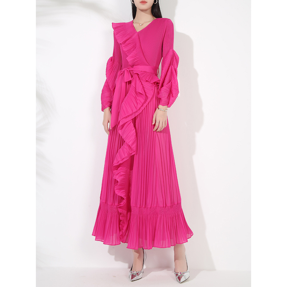 Miyake V-neck long sleeved lace up ruffle edge pleated socialite French dress with floral bud sleeves, big swing skirt, solid color dress Miyake V-neck long sleeved lace up ruffle edge pleated socialite French dress with floral bud sleeves, big swing skirt, solid color dress