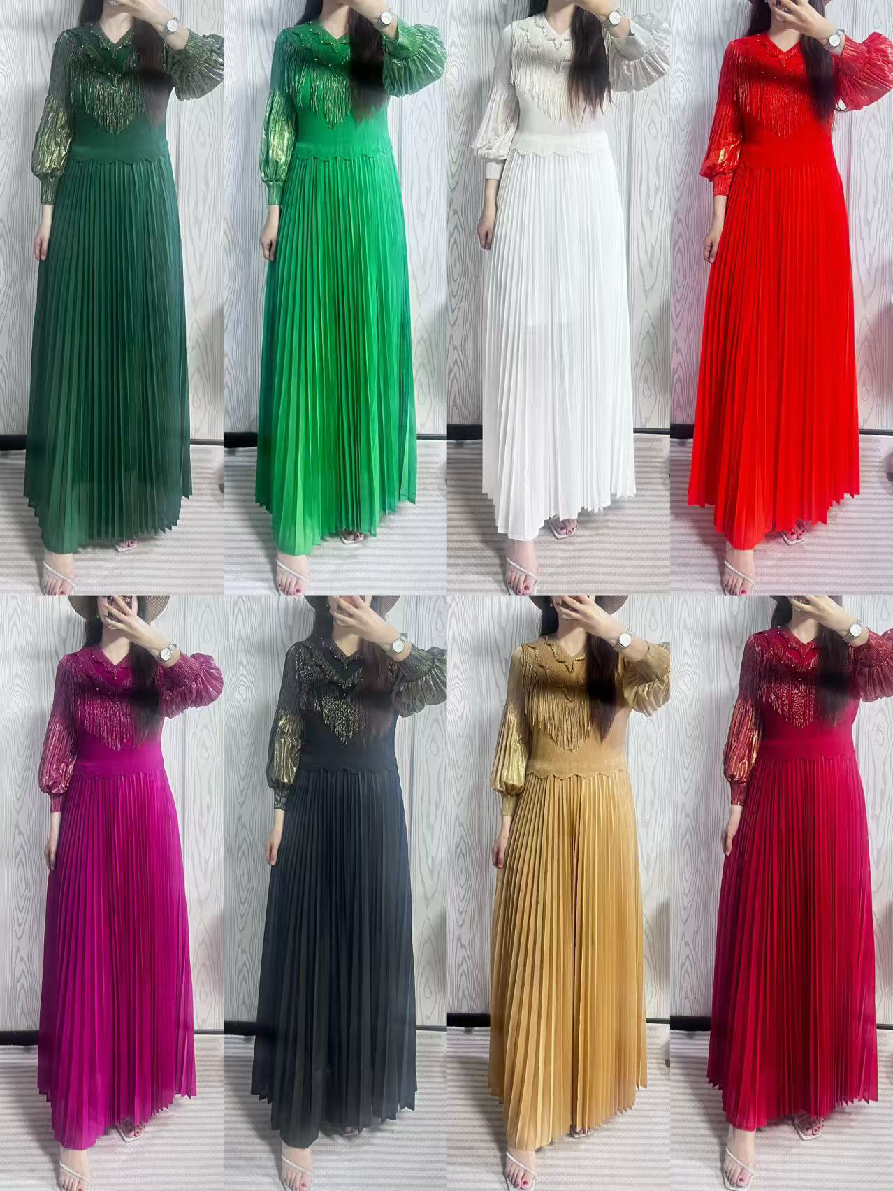 Ladies' court style bubble sleeve dress, light mature style, autumn tassel, hot stamping, pleated nail bead, large swing, women's long skirt