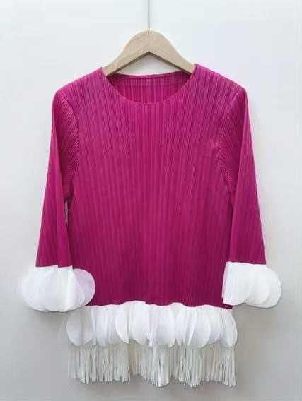 Folded color blocked ruffle edge three-dimensional decoration tassel design sense top autumn coat T-shirt cross-border European and American slim fit