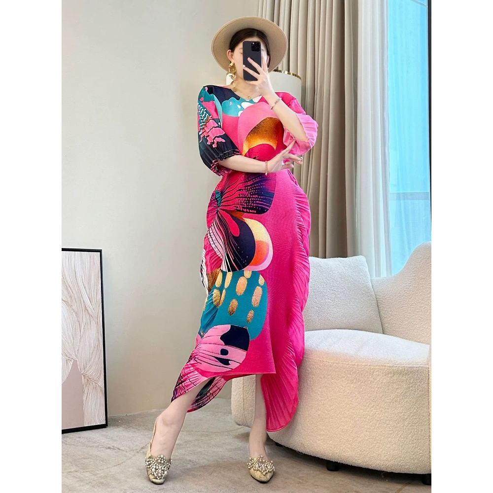 Miyake luxury, irregular ruffle edge design, pleated printed dress, beach vacation, plus size, loose fit for women Miyake luxury, irregular ruffle edge design, pleated printed dress, beach vacation, plus size, loose fit for women