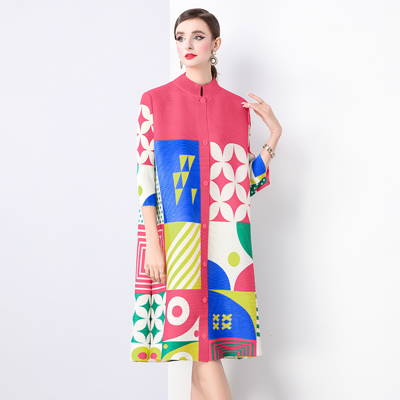 Sanzhai Spring and Autumn Mid length Loose Printed Slimming and Age Reducing Large Size MM Stand up Collar Folded Nine Inch Sleeve Dress Sanzhai Spring and Autumn Mid length Loose Printed Slimming and Age Reducing Large Size MM Stand up Collar Folded Nine Inch Sleeve Dress