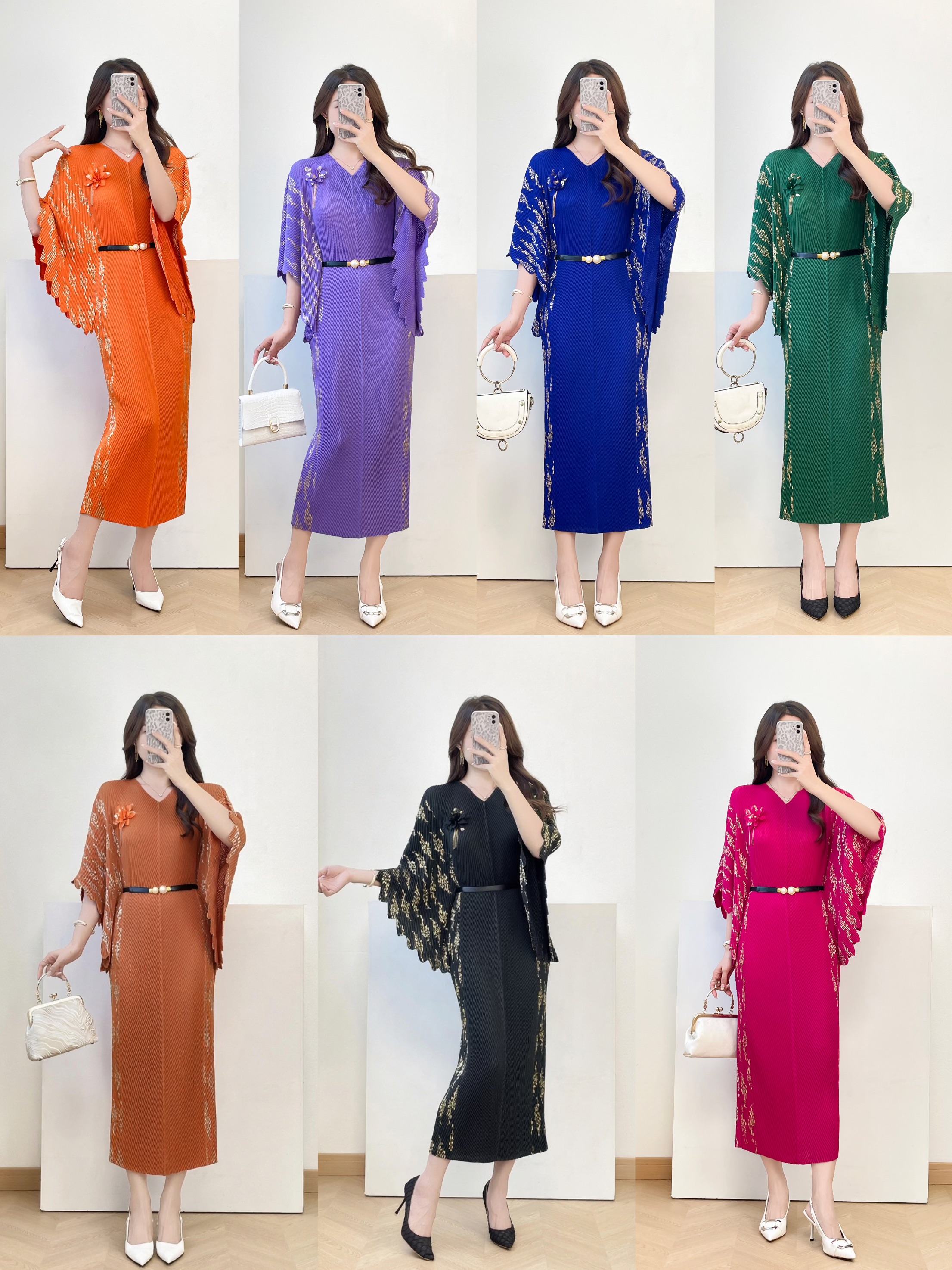 European and American batball sleeves, hot stamping three-dimensional flower decoration belt, slim fit long skirt, cross-border dragon scale pleat, autumn three bedroom women's clothing