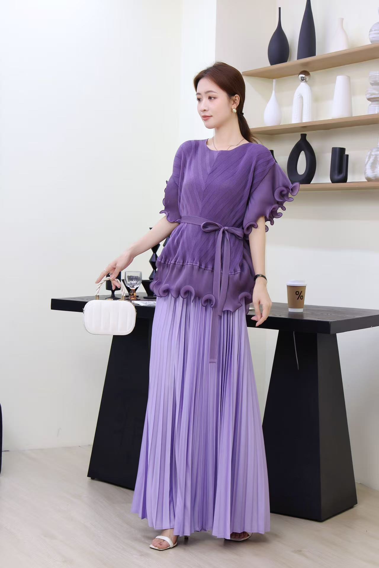 Sanzhai's new cross-border European and American fungus edge cinched waist mesh loose pleated top, wide leg pants, pleated pants women's set Sanzhai's new cross-border European and American fungus edge cinched waist mesh loose pleated top, wide leg pants, pleated pants women's set