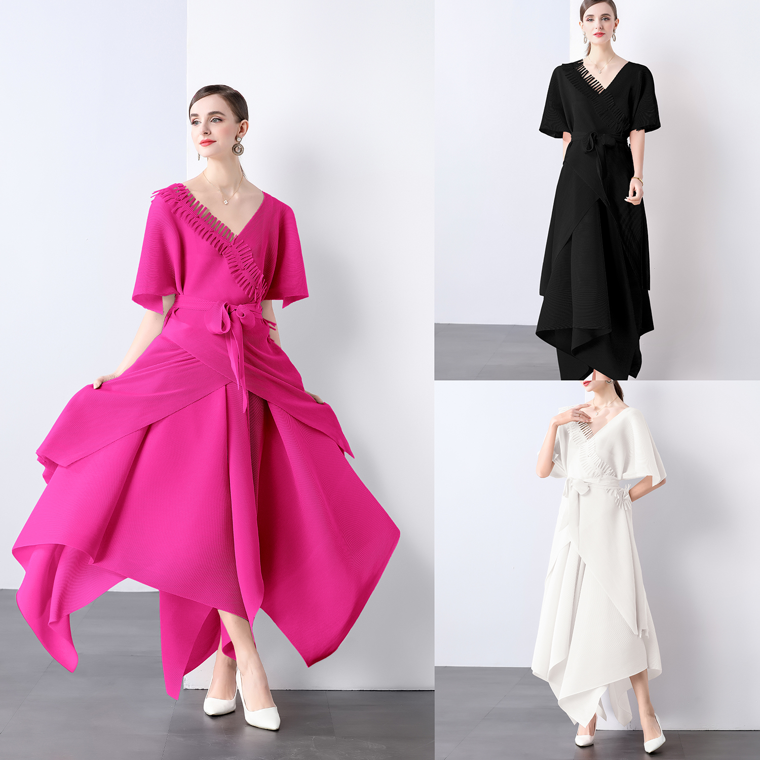 Miyake Foreign Trade Design Jacket Strap Fashion Loose Nail Bead tassel Irregular Wrinkle Solid Color V-neck Set