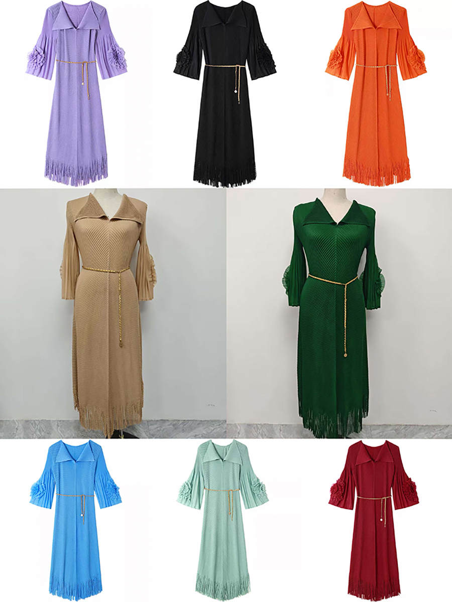 Miyake 2025 new pleated fish scale pleated dress with floral sleeves, tassel oversized women's clothing, elegant foreign trade, cross-border