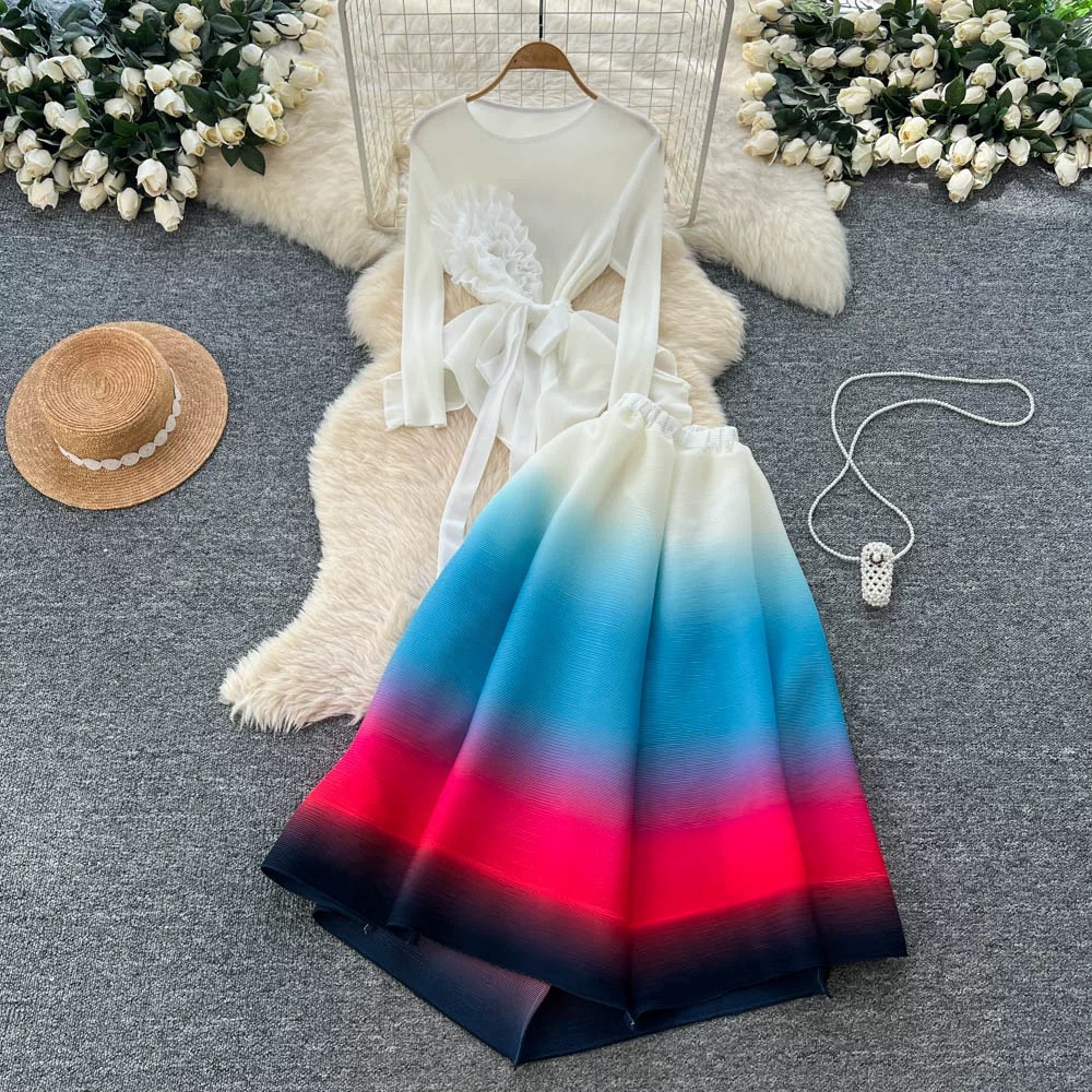 European, American, and African foreign trade long sleeved three-dimensional flower decoration design sense lace up top gradient color large swing half skirt set European, American, and African foreign trade long sleeved three-dimensional flower decoration design sense lace up top gradient color large swing half skirt set