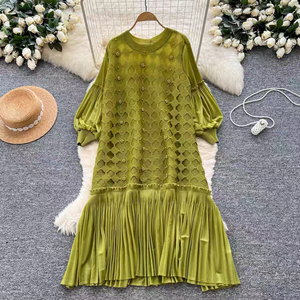 Miyake Cross border European and American Nail Bead Lantern Sleeve Folded Dress with Hollow Design, Loose and Elegant Lotus Leaf Side Length Skirt