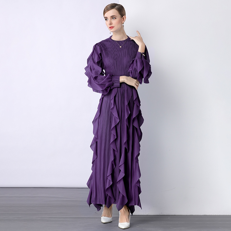 Sanzhai Cross border European and American Lotus Leaf Edge Heavy Industry Design Feel Folded High Waist Long Sleeve Light Mature Wind Loose Hanging Dress Sanzhai Cross border European and American Lotus Leaf Edge Heavy Industry Design Feel Folded High Waist Long Sleeve Light Mature Wind Loose Hanging Dress