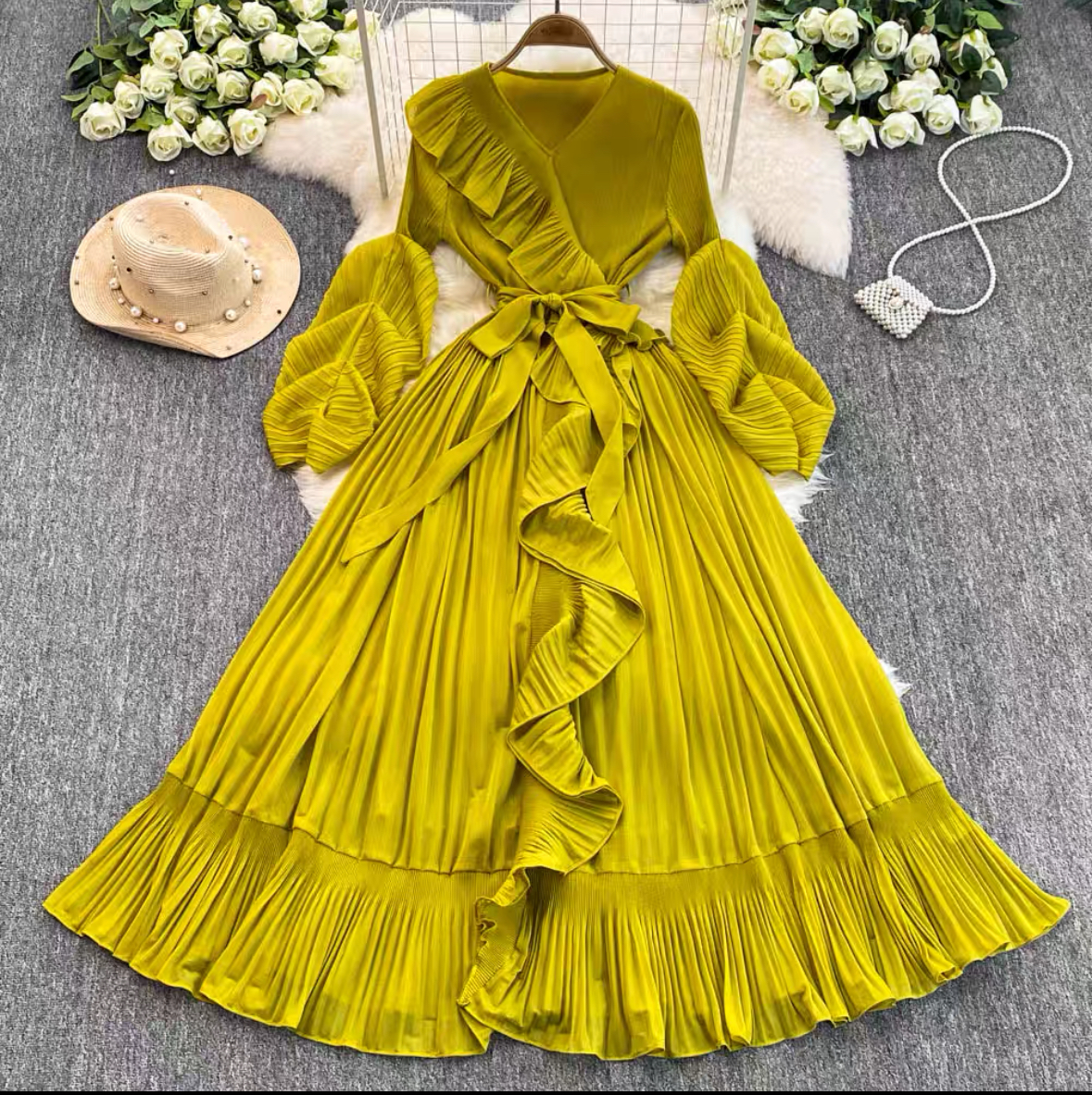 Miyake V-neck long sleeved lace up ruffle edge pleated socialite French dress with floral bud sleeves, big swing skirt, solid color dress Miyake V-neck long sleeved lace up ruffle edge pleated socialite French dress with floral bud sleeves, big swing skirt, solid color dress