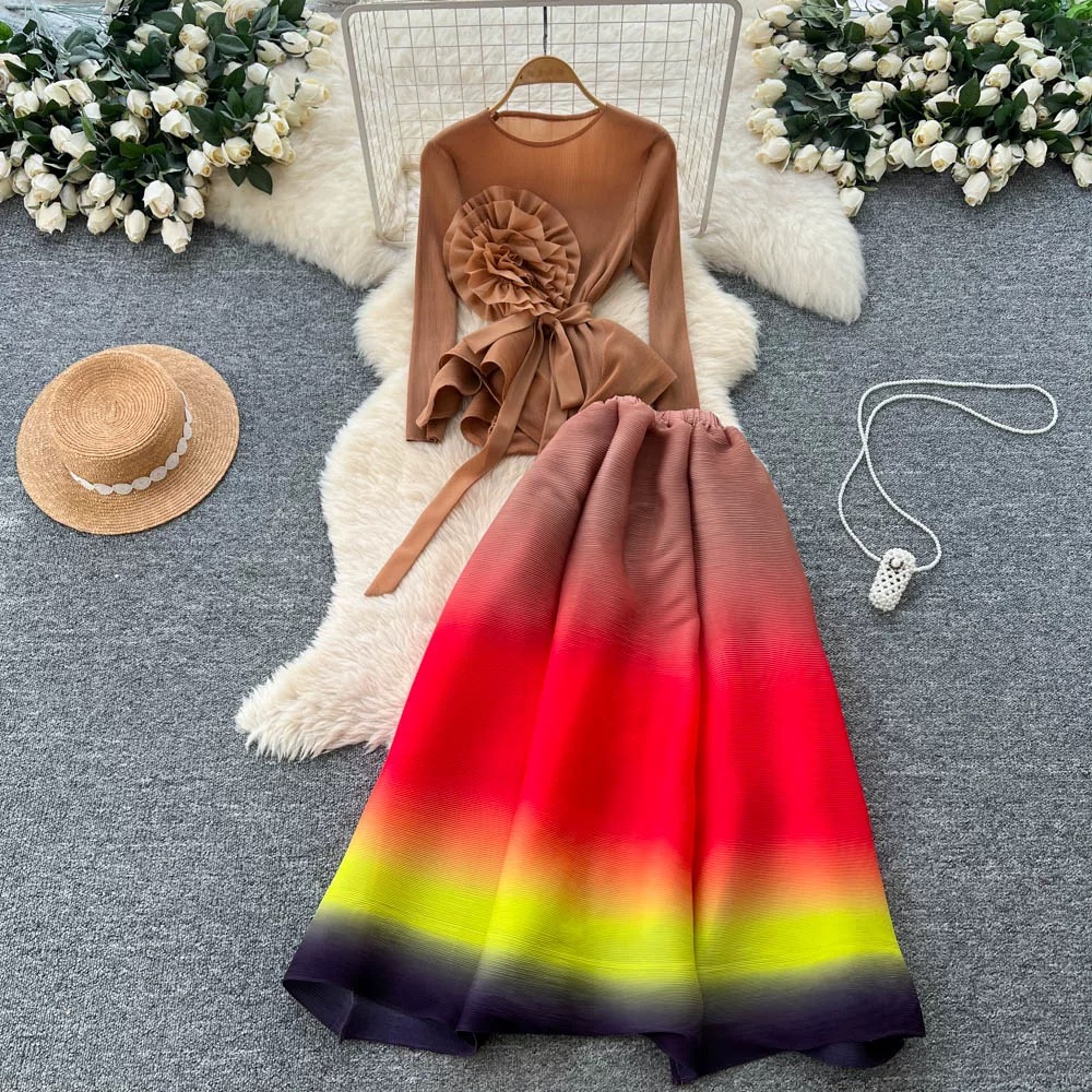 European, American, and African foreign trade long sleeved three-dimensional flower decoration design sense lace up top gradient color large swing half skirt set European, American, and African foreign trade long sleeved three-dimensional flower decoration design sense lace up top gradient color large swing half skirt set