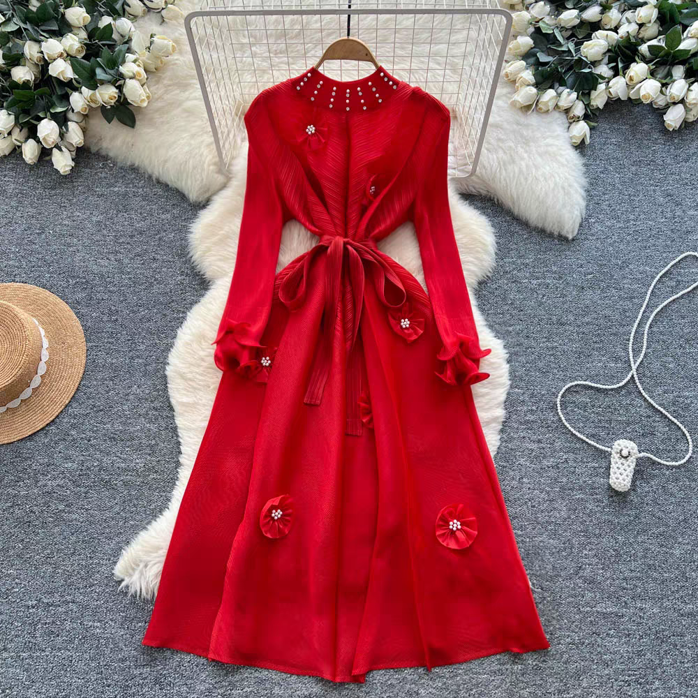 Light mature imperial sister, European and American three house cross-border nail bead three-dimensional flower tie, waist cinching, fungus edge heavy pleated dress Light mature imperial sister, European and American three house cross-border nail bead three-dimensional flower tie, waist cinching, fungus edge heavy pleated dress