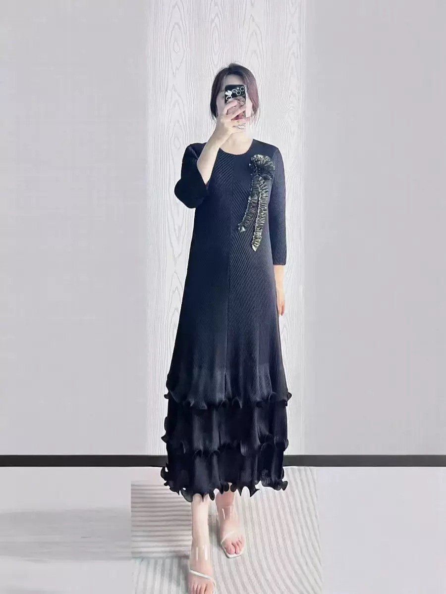 European and American court style hot stamping three-dimensional decoration flower lotus leaf edge wrinkled fungus edge cake skirt foreign trade autumn long skirt