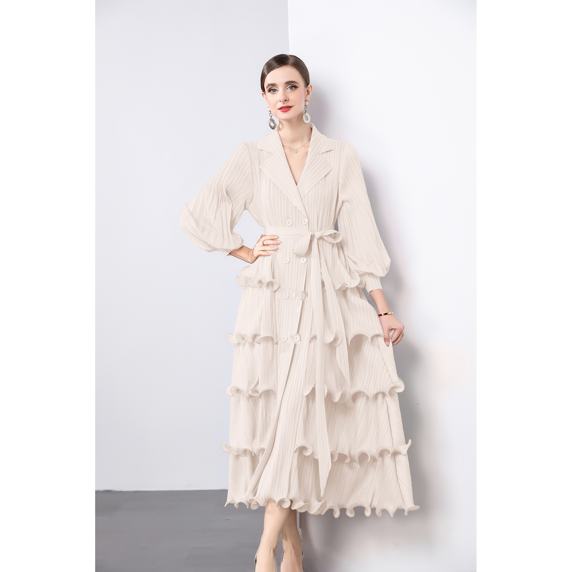 Miyake suit collar cardigan dress, black fungus edge pleated cake skirt, heavy-duty lantern sleeves, plus size mm, cross-border women's outfit Miyake suit collar cardigan dress, black fungus edge pleated cake skirt, heavy-duty lantern sleeves, plus size mm, cross-border women's outfit