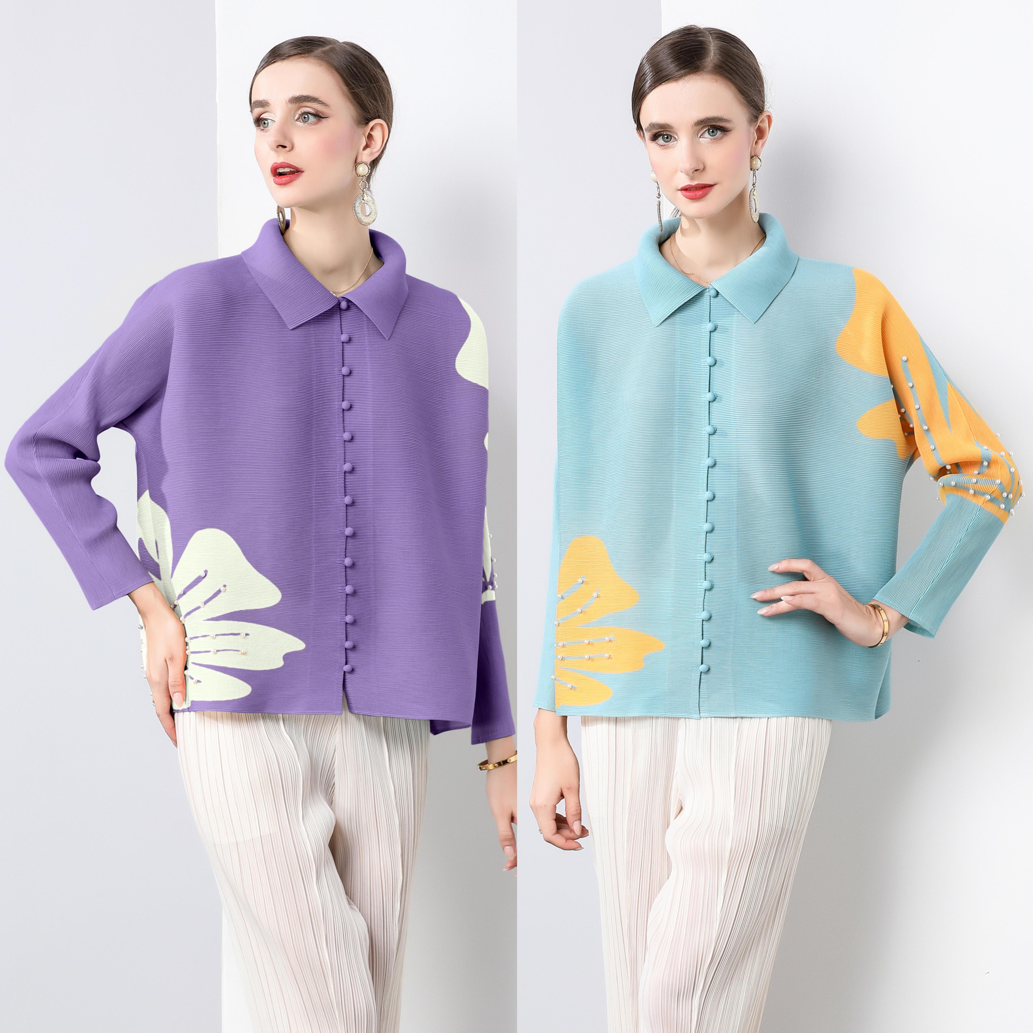 Miyake printed new cardigan top with small fragrance, fresh pleats, nail beads, loose and fashionable batball sleeves, slimming shirt