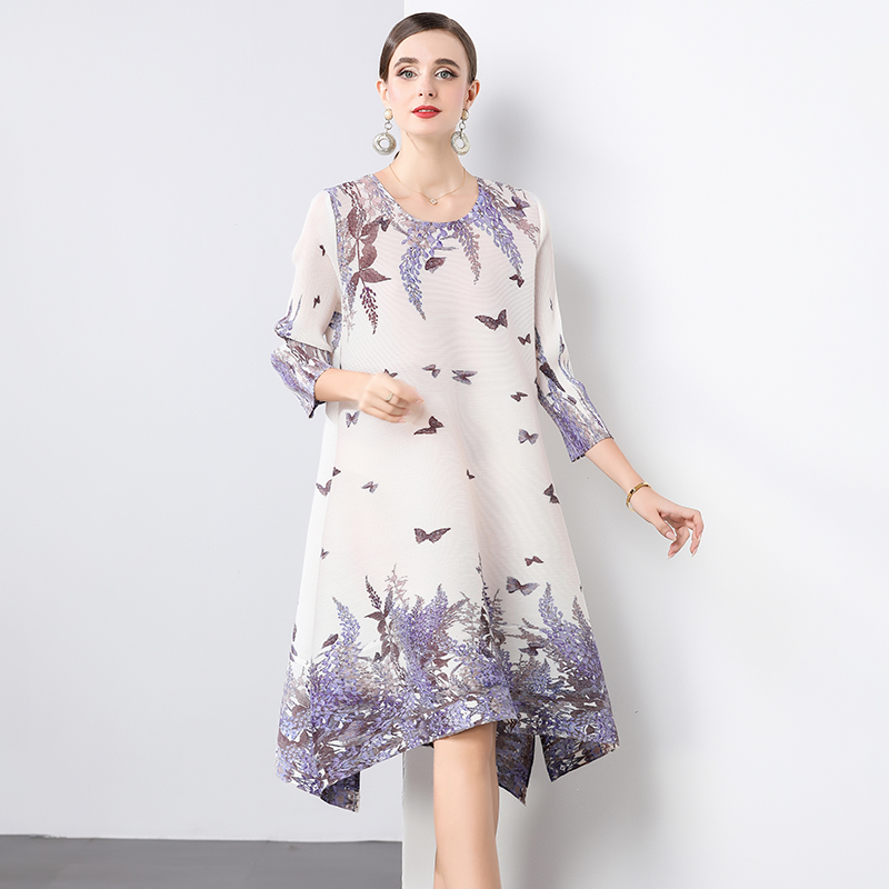Miyake Eternal Tranquility Wisteria Flower Language MM Foreign Trade Seven Sleeve Round Neck Loose A-line Skirt Folded Dress Miyake Eternal Tranquility Wisteria Flower Language MM Foreign Trade Seven Sleeve Round Neck Loose A-line Skirt Folded Dress
