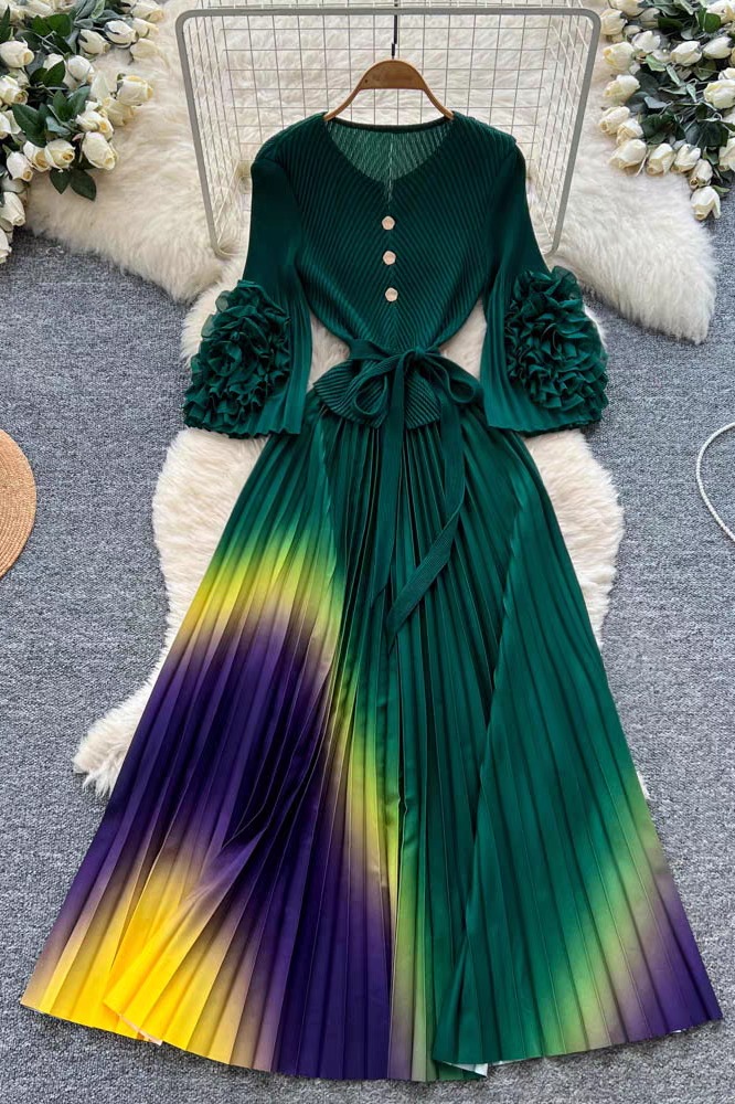 European and American cross-border three bedroom fashionable plate flower trumpet sleeve long sleeved tie waist gradient color pleated hundred fold elegant long skirt European and American cross-border three bedroom fashionable plate flower trumpet sleeve long sleeved tie waist gradient color pleated hundred fold elegant long skirt