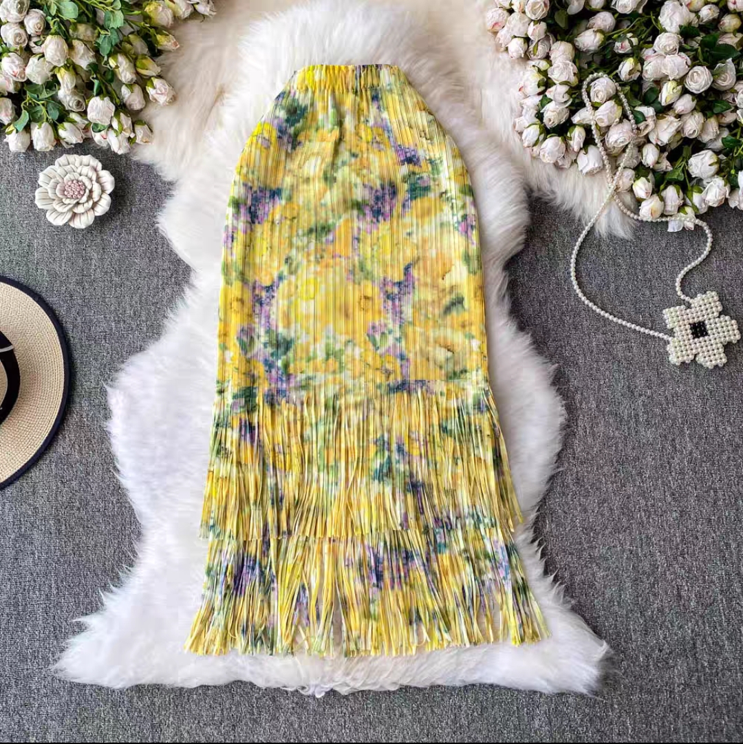 Miyake 2025 foreign trade summer pleated fringe skirt loose women's clothing design sense printed pleated long skirt
