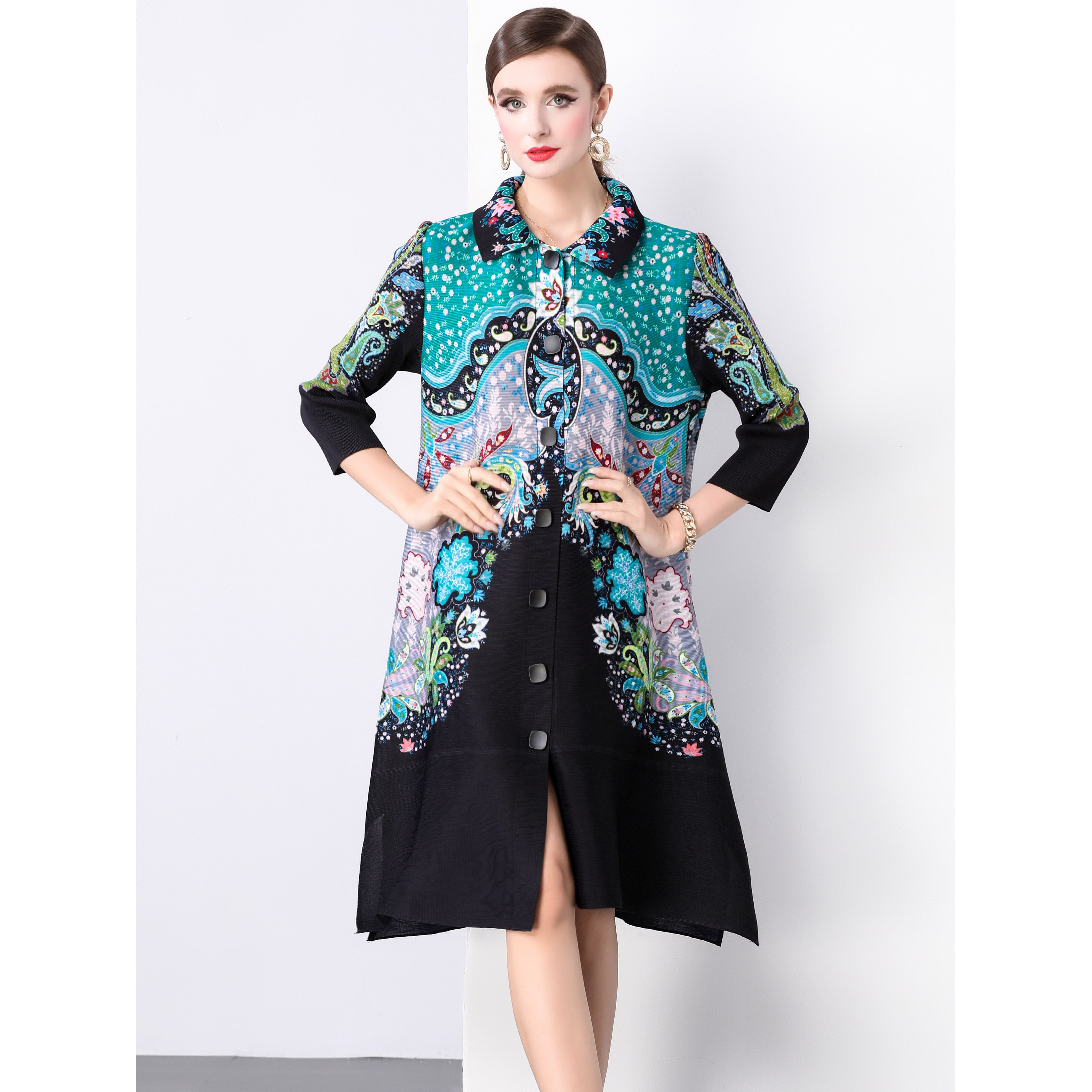 Sanzhai Spring and Autumn Mid length Loose Printed Slimming and Age Reducing Large Size MM Dress with Collar Fold and Nine Cent Sleeve Sanzhai Spring and Autumn Mid length Loose Printed Slimming and Age Reducing Large Size MM Dress with Collar Fold and Nine Cent Sleeve