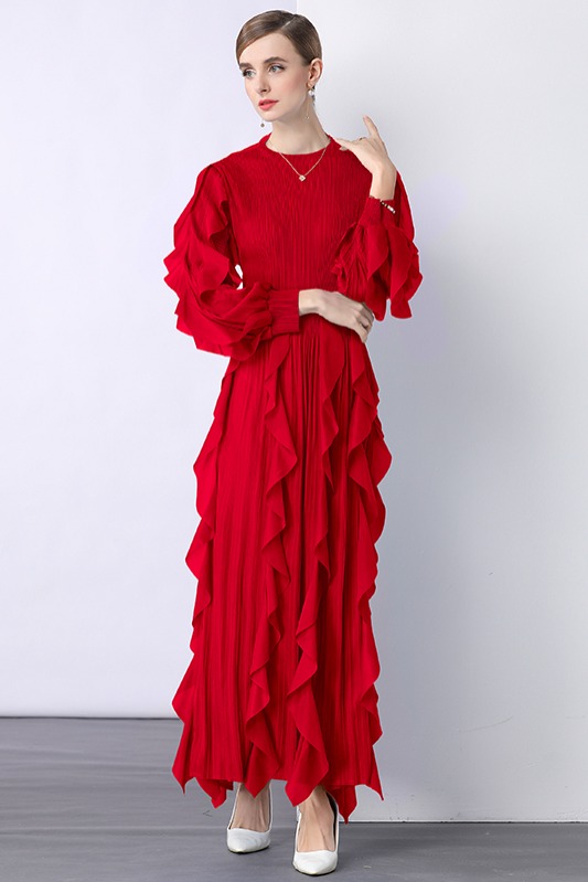 Sanzhai Cross border European and American Lotus Leaf Edge Heavy Industry Design Feel Folded High Waist Long Sleeve Light Mature Wind Loose Hanging Dress Sanzhai Cross border European and American Lotus Leaf Edge Heavy Industry Design Feel Folded High Waist Long Sleeve Light Mature Wind Loose Hanging Dress