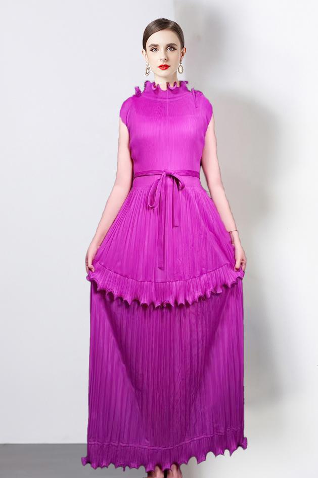 Miyake European and American sleeveless black fungus edge pleated long dress with waist cinching, spring and summer cross-border new light luxury women's dress Miyake European and American sleeveless black fungus edge pleated long dress with waist cinching, spring and summer cross-border new light luxury women's dress