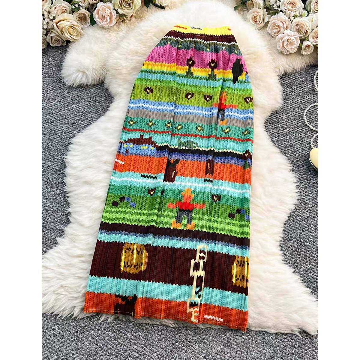 Miyake 2025 pleated printed midi skirt cross-border summer niche slimming bag hip skirt long skirt oil painting female design sense Miyake 2025 pleated printed midi skirt cross-border summer niche slimming bag hip skirt long skirt oil painting female design sense