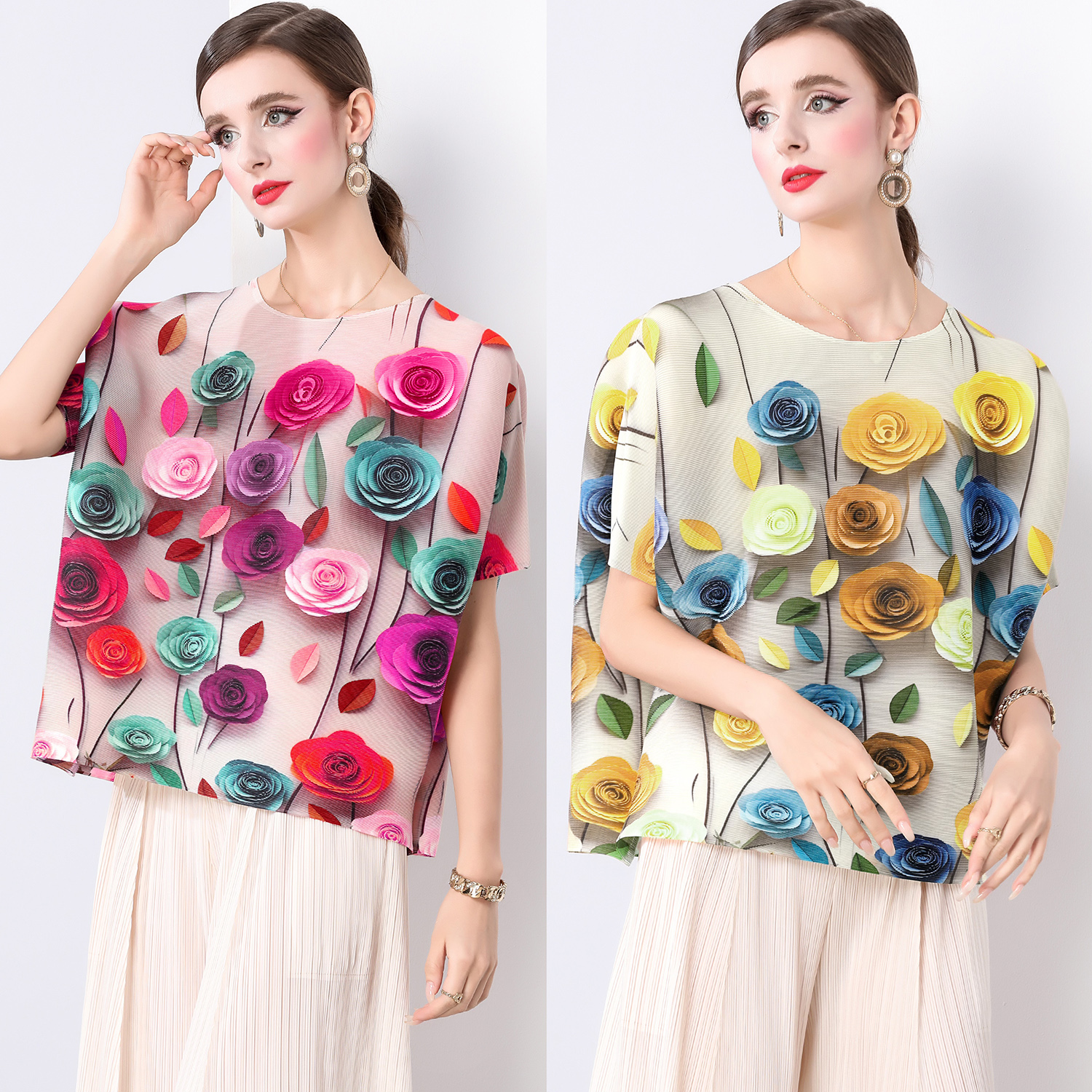 Miyake's new pleated versatile T-shirt with a simple and age reducing rose print, loose and comfortable top for women