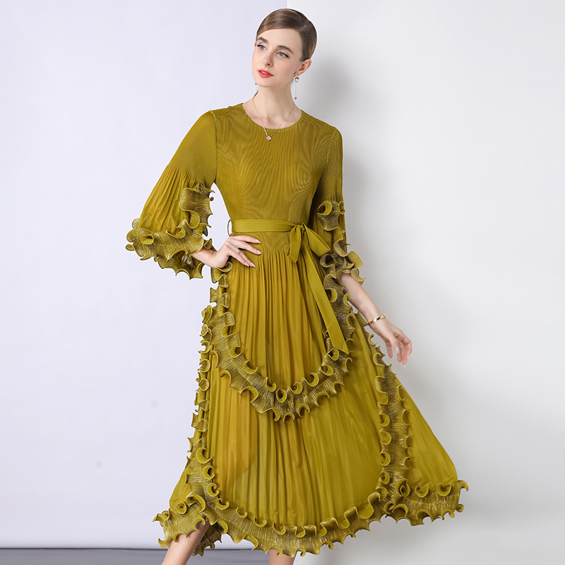 European and American court style hot stamping three bedroom dress with pleated fungus edges, high-end heavy industry cross-border loose waist dress