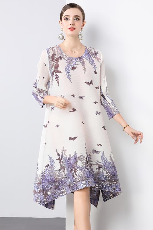 Miyake Eternal Tranquility Wisteria Flower Language MM Foreign Trade Seven Sleeve Round Neck Loose A-line Skirt Folded Dress Miyake Eternal Tranquility Wisteria Flower Language MM Foreign Trade Seven Sleeve Round Neck Loose A-line Skirt Folded Dress