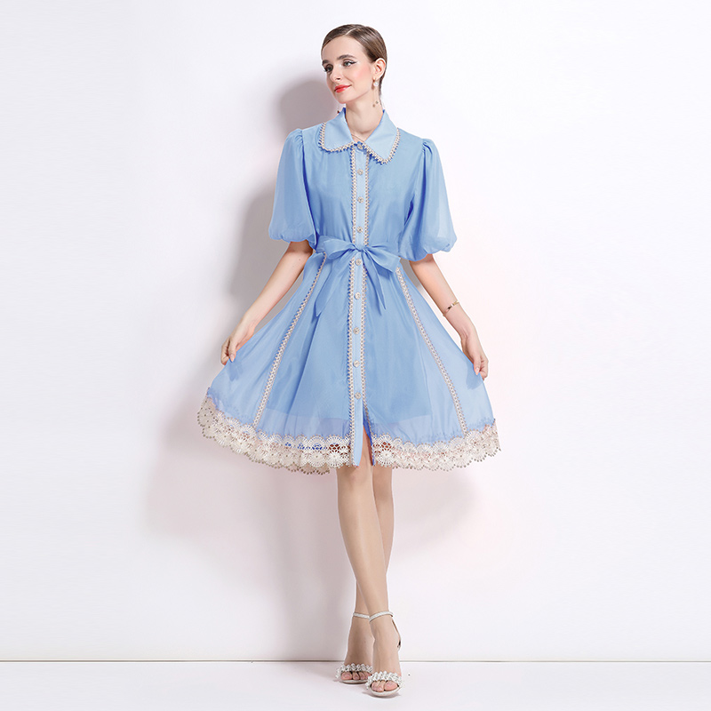 Real time shooting of summer new retro collar single breasted lace lantern sleeve dress Real time shooting of summer new retro collar single breasted lace lantern sleeve dress