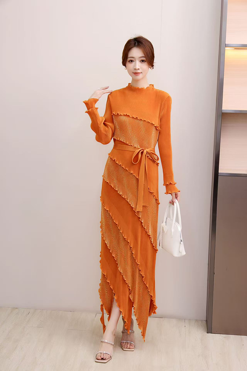 Miyake Cross border Gold Plated Black Fungal Edge Solid Color Lotus Leaf Edge Folded French Dress Long Skirt Lace Women's Dress