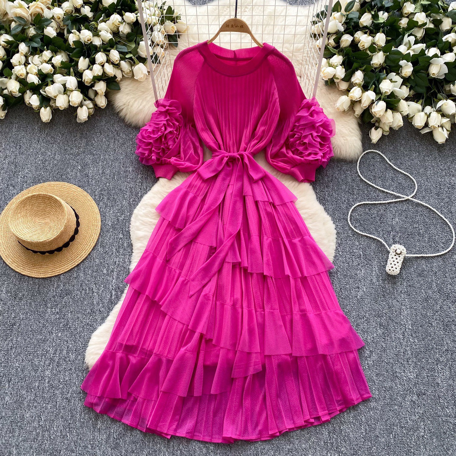 Miyake European and American retro palace style design with bubble sleeves, hand waving flower round neck, large size pleated, foreign trade cross-border women's clothing Miyake European and American retro palace style design with bubble sleeves, hand waving flower round neck, large size pleated, foreign trade cross-border women's clothing